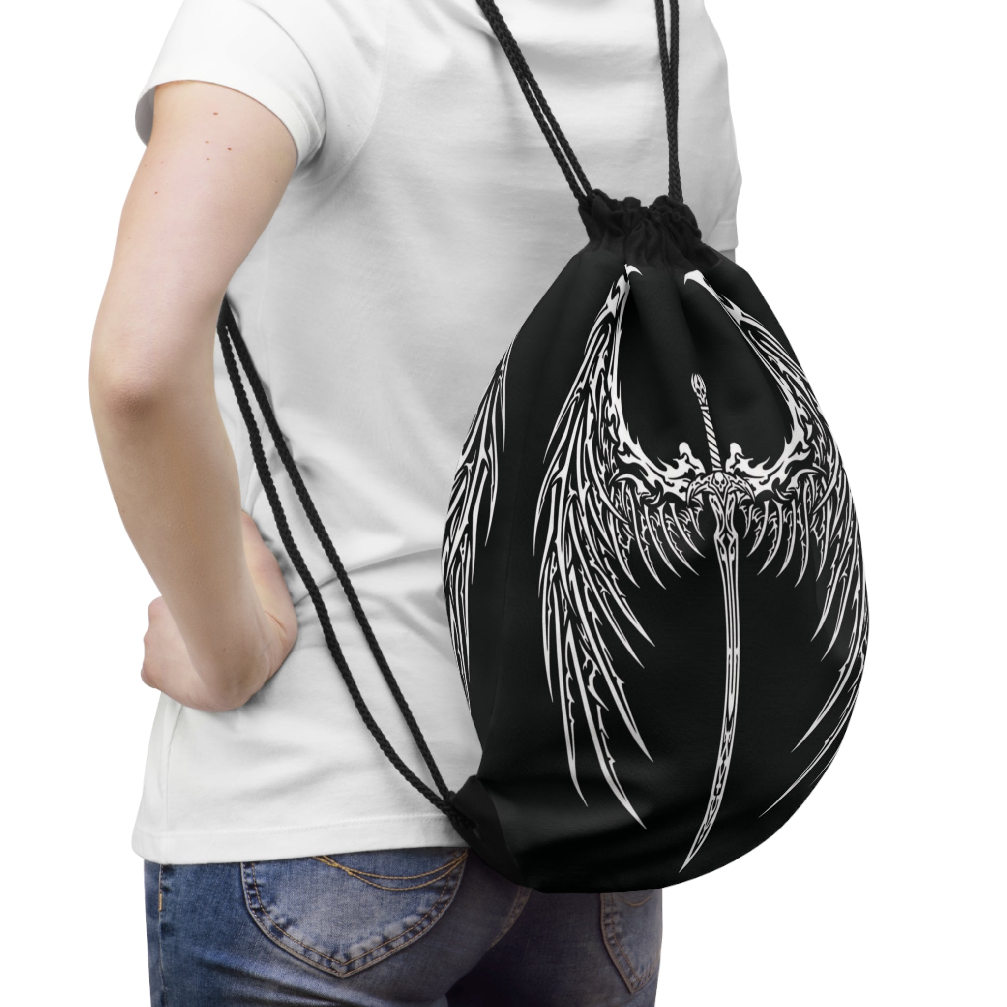 Gothic Sword & Wings Drawstring Bag — Dark Angel Gym & Travel Sack